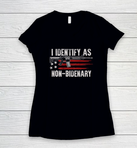 Gun American Flag I Identify As Non Bidenary Women's V-Neck T-Shirt