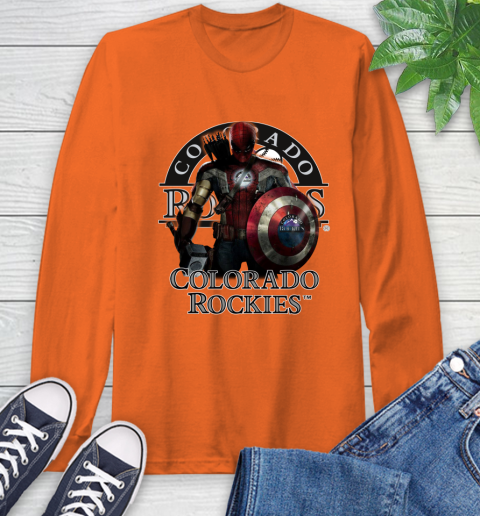 MLB Captain America Thor Spider Man Hawkeye Avengers Endgame Baseball Colorado Rockies Long Sleeve T-Shirt 5