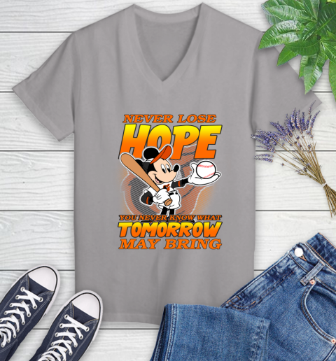 Baltimore Orioles MLB Baseball Mickey Disney Never Lose Hope Women's V-Neck T-Shirt 4