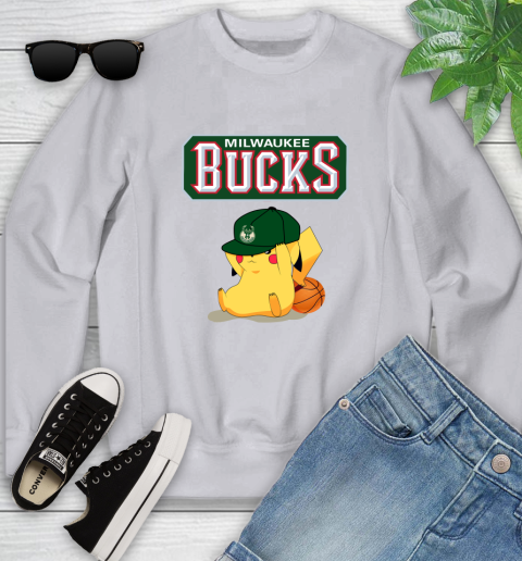 NBA Pikachu Basketball Sports Milwaukee Bucks Youth Sweatshirt 4