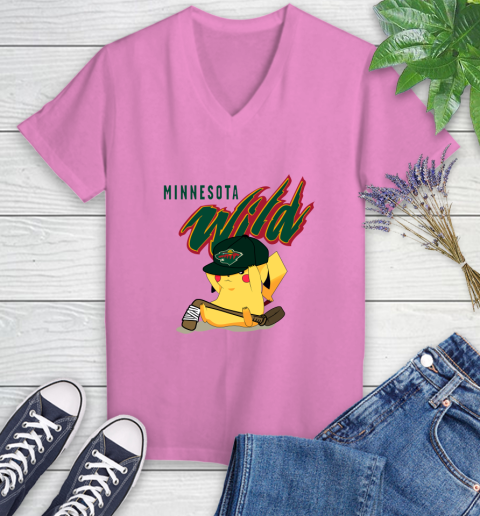 NHL Pikachu Hockey Sports Minnesota Wild Women's V-Neck T-Shirt 14
