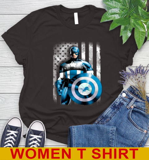 Detroit Lions NFL Football Captain America Marvel Avengers American Flag Shirt Women's T-Shirt 9