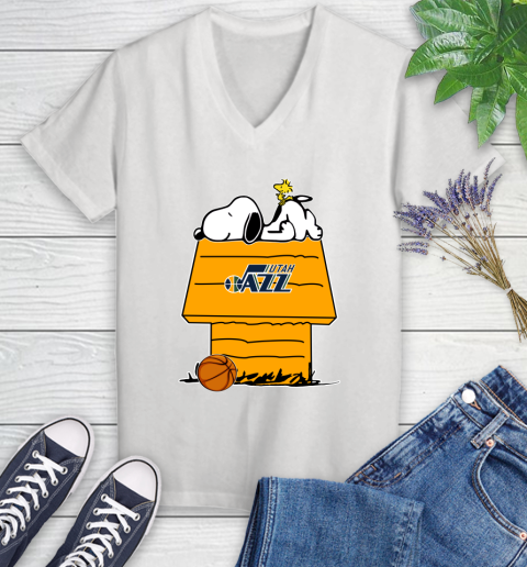 Utah Jazz NBA Basketball Snoopy Woodstock The Peanuts Movie Women's V-Neck T-Shirt