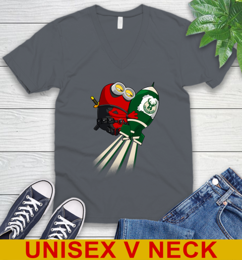 NBA Basketball Milwaukee Bucks Deadpool Minion Marvel Shirt V-Neck T-Shirt 5 NBA Basketball Milwaukee Bucks Deadpool Minion Marvel Shirt V-Neck T-Shirt - Image 5