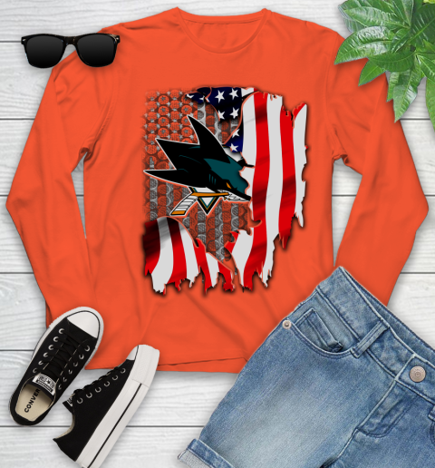 San Jose Sharks NHL Hockey American Flag Youth Long Sleeve 3