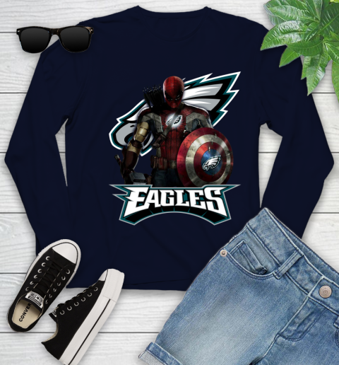 NFL Captain America Thor Spider Man Hawkeye Avengers Endgame Football Philadelphia Eagles Youth Long Sleeve 3