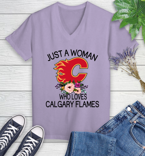 NHL Just A Woman Who Loves Calgary Flames Hockey Sports Women's V-Neck T-Shirt 9