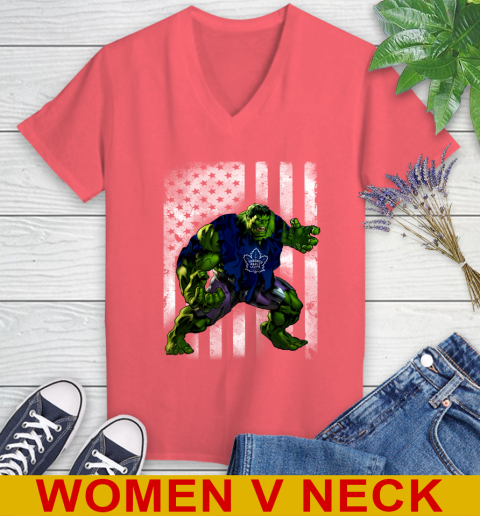Toronto Maple Leafs Hulk Marvel Avengers NHL Hockey American Flag Women's V-Neck T-Shirt 6