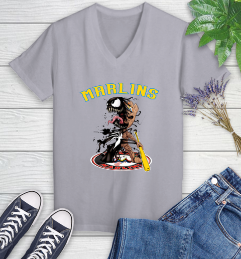 MLB Miami Marlins Baseball Venom Groot Guardians Of The Galaxy Women's V-Neck T-Shirt 4