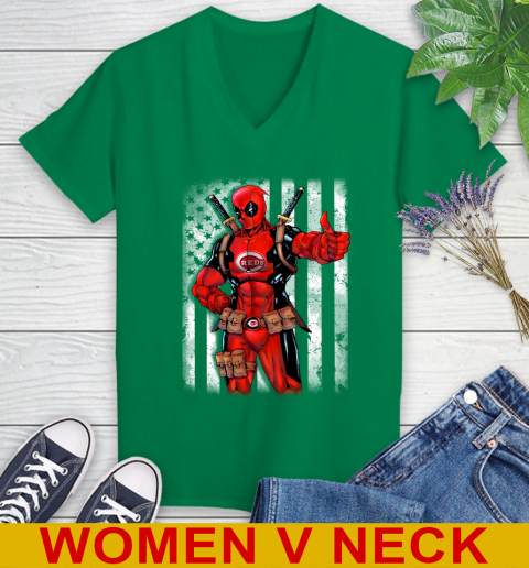 MLB Baseball Cincinnati Reds Deadpool American Flag Shirt Women's V-Neck T-Shirt 6 MLB Baseball Cincinnati Reds Deadpool American Flag Shirt Women's V-Neck T-Shirt - Image 6