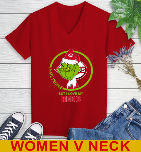 Cincinnati Reds MLB Christmas Grinch I Hate People But I Love My Favorite Baseball Team Women's V-Neck T-Shirt 12