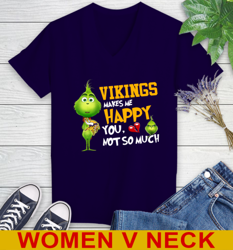 NFL Minnesota Vikings Makes Me Happy You Not So Much Grinch Football Sports Women's V-Neck T-Shirt 3