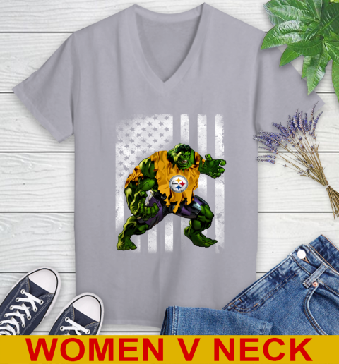 Pittsburgh Steelers Hulk Marvel Avengers NFL Football American Flag Women's V-Neck T-Shirt - Image 5