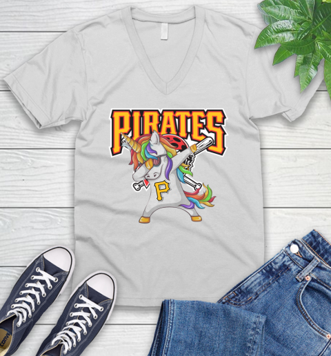 Pittsburgh Pirates MLB Baseball Funny Unicorn Dabbing Sports V-Neck T-Shirt