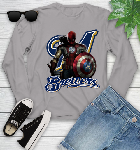 MLB Captain America Thor Spider Man Hawkeye Avengers Endgame Baseball Milwaukee Brewers Youth Long Sleeve 5