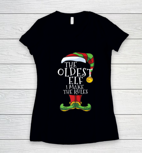 Oldest Rules Elf Family Matching Christmas Funny Pajama Women's V-Neck T-Shirt