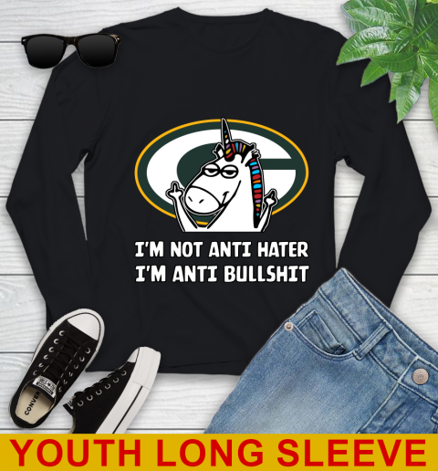Green Bay Packers NFL Football Unicorn I'm Not Anti Hater I'm Anti Bullshit Youth Long Sleeve 2