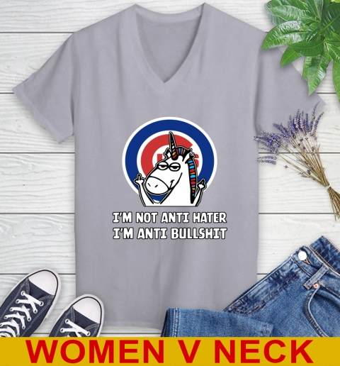 Chicago Cubs MLB Baseball Unicorn I'm Not Anti Hater I'm Anti Bullshit Women's V-Neck T-Shirt 5