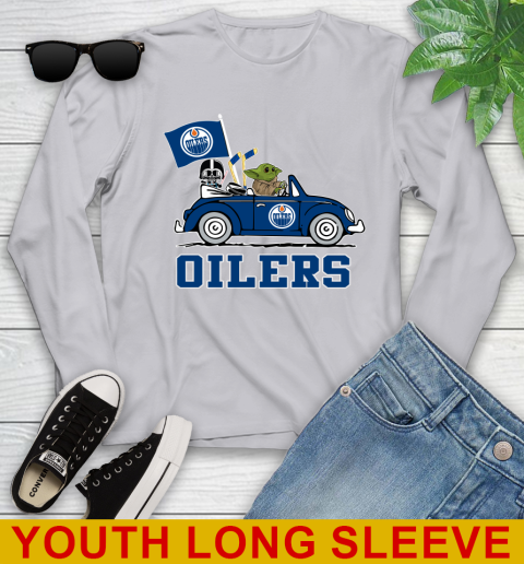 NHL Hockey Edmonton Oilers Darth Vader Baby Yoda Driving Star Wars Shirt Youth Long Sleeve 6
