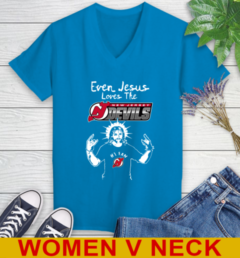 New Jersey Devils NHL Hockey Even Jesus Loves The Devils Shirt Women's V-Neck T-Shirt 7
