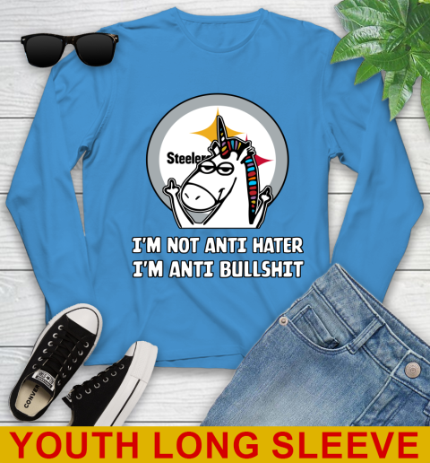 Pittsburgh Steelers NFL Football Unicorn I'm Not Anti Hater I'm Anti Bullshit Youth Long Sleeve 8
