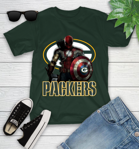 NFL Captain America Thor Spider Man Hawkeye Avengers Endgame Football Green Bay Packers Youth T-Shirt 5