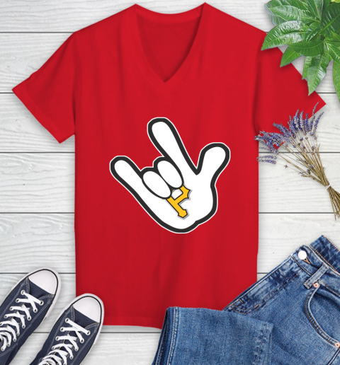Pittsburgh Pirates MLB Baseball Mickey Rock Hand Disney Women's V-Neck T-Shirt 12