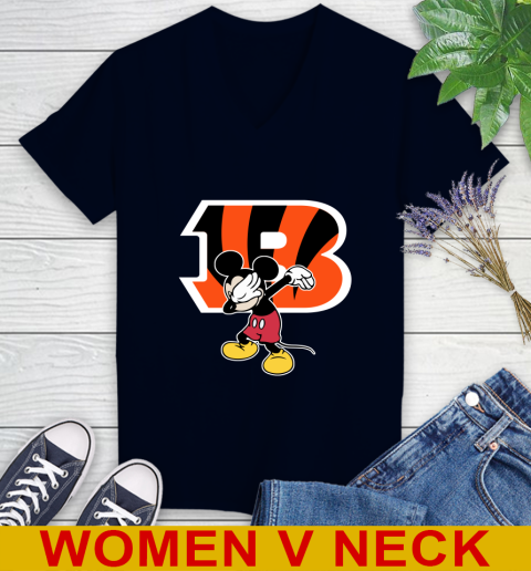 Cincinnati Bengals NFL Football Dabbing Mickey Disney Sports Women's V-Neck T-Shirt 3