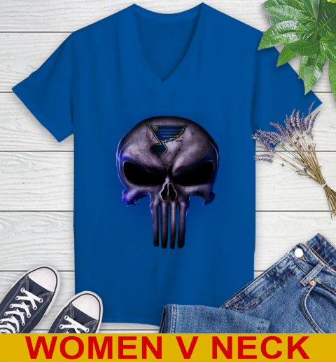 St.Louis Blues NHL Hockey Punisher Skull Sports Women's V-Neck T-Shirt 9