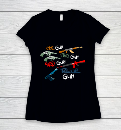 One Gun Two Gun Red Gun Blue Gun Funny Women's V-Neck T-Shirt
