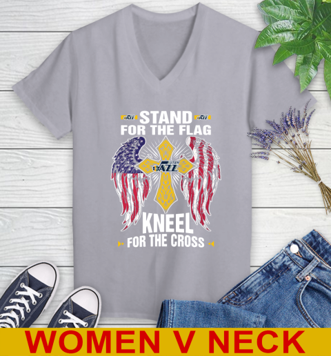 NBA Basketball Utah Jazz Stand For Flag Kneel For The Cross Shirt Women's V-Neck T-Shirt 4