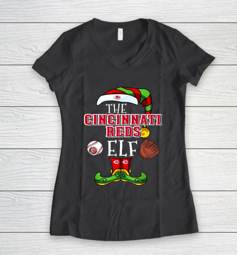 Cincinnati Reds Christmas ELF Funny MLB Women's V-Neck T-Shirt 6