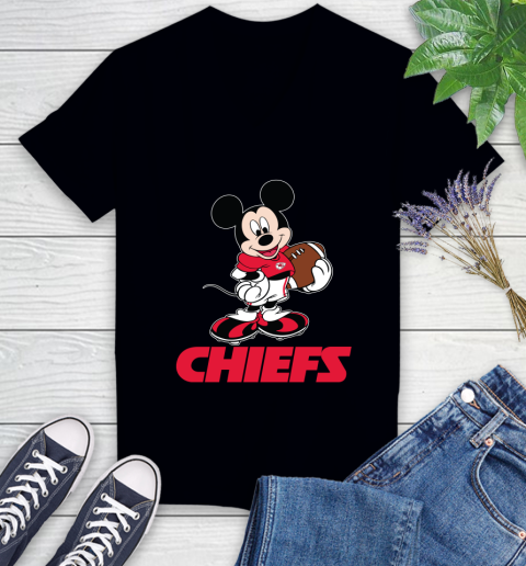 NFL Football Kansas City Chiefs Cheerful Mickey Mouse Shirt Women's V-Neck T-Shirt