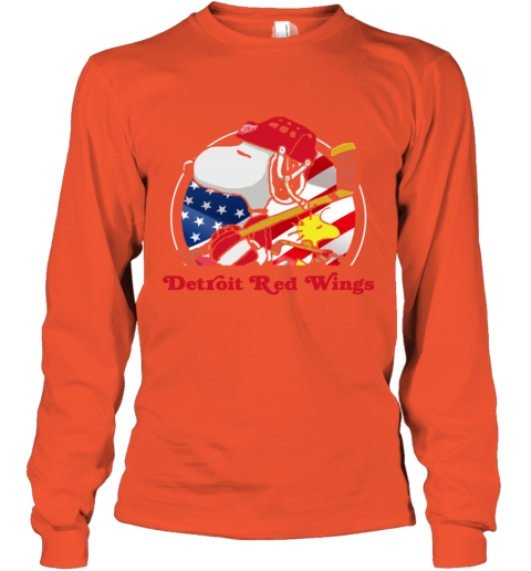 7oox detroit red wings ice hockey snoopy and woodstock nhl youth long sleeve 50 front orange