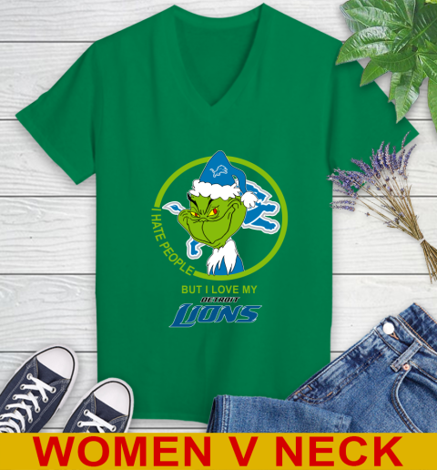 Detroit Lions NFL Christmas Grinch I Hate People But I Love My Favorite Football Team Women's V-Neck T-Shirt 6