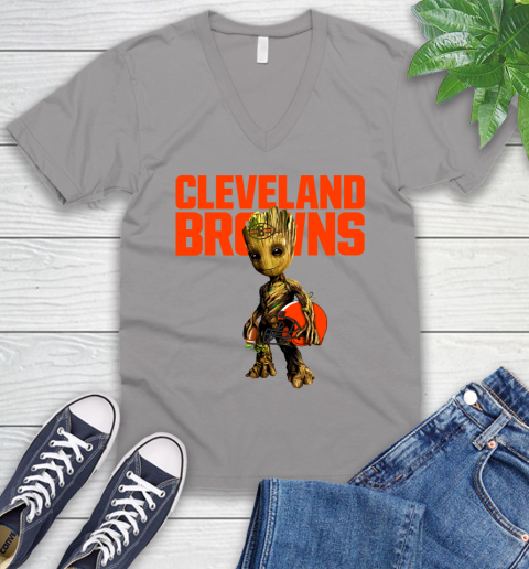 Cleveland Browns NFL Football Groot Marvel Guardians Of The Galaxy V-Neck T-Shirt 4