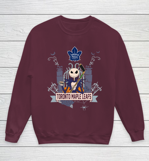 NHL Toronto Maple Leafs Hockey Jack Skellington Halloween Youth Sweatshirt 4