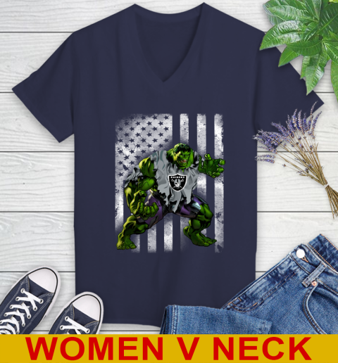 Oakland Raiders Hulk Marvel Avengers NFL Football American Flag Women's V-Neck T-Shirt 12
