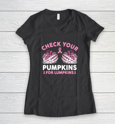 Check Your Pumpkins Breast Cancer Awareness Halloween Women's V-Neck T-Shirt 4