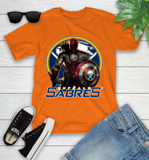 NHL Captain America Thor Spider Man Hawkeye Avengers Endgame Hockey Buffalo Sabres Youth T-Shirt 7
