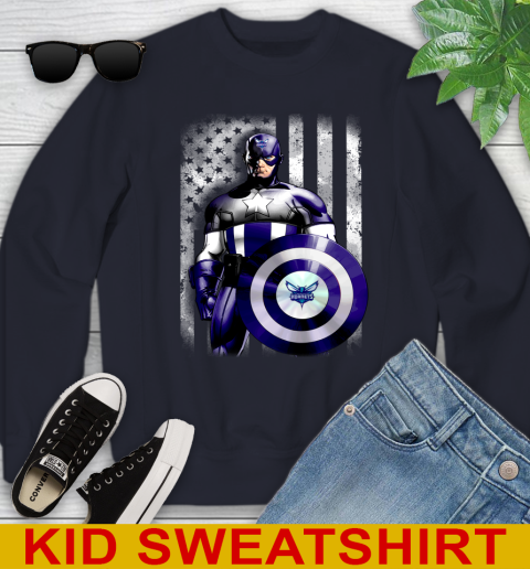 Charlotte Hornets NBA Basketball Captain America Marvel Avengers American Flag Shirt Youth Sweatshirt 2
