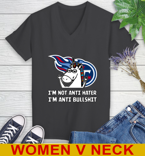 Tennessee Titans NFL Football Unicorn I'm Not Anti Hater I'm Anti Bullshit Women's V-Neck T-Shirt 9