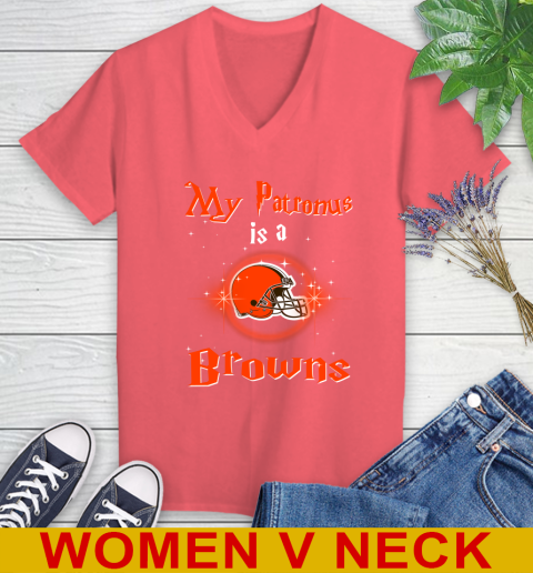 NFL Football Harry Potter My Patronus Is A Cleveland Browns Women's V-Neck T-Shirt 6