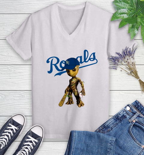 MLB Kansas City Royals Groot Guardians Of The Galaxy Baseball Women's V-Neck T-Shirt