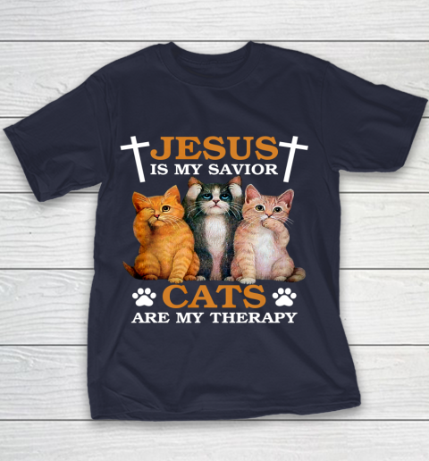 Jesus is My Savior Cat are My Therapy Christians Cat Lover Youth T-Shirt 2