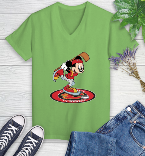NHL Hockey Calgary Flames Cheerful Mickey Disney Shirt Women's V-Neck T-Shirt 9