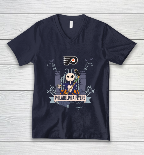 NHL Philadelphia Flyers Hockey Jack Skellington Halloween V-Neck T-Shirt 2