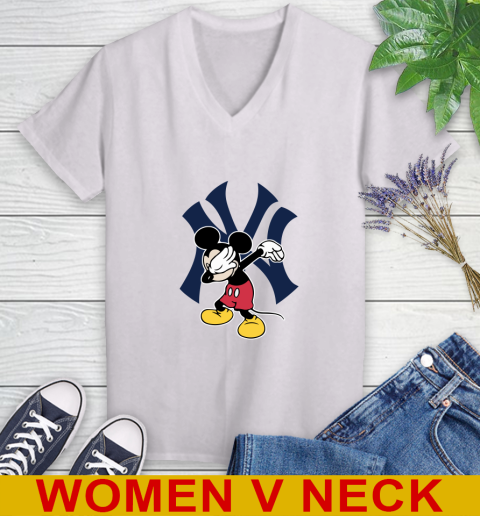New York Yankees MLB Baseball Dabbing Mickey Disney Sports Women's V-Neck T-Shirt