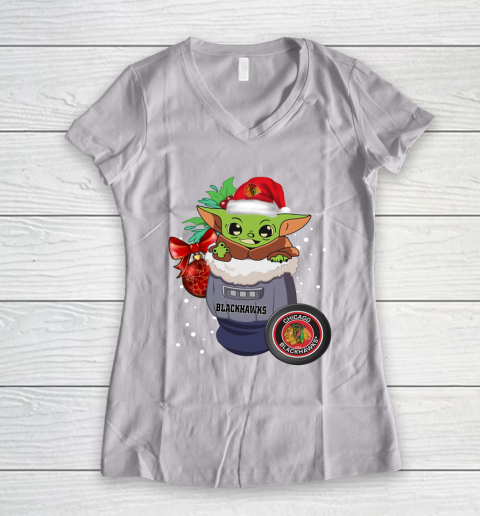 Chicago Blackhawks Christmas Baby Yoda Star Wars Funny Happy NHL Women's V-Neck T-Shirt 2