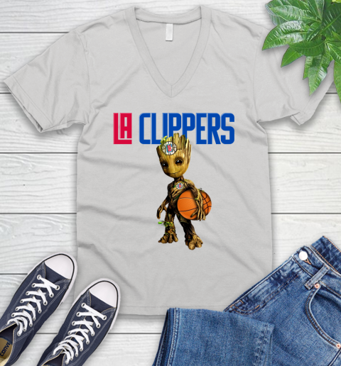 LA Clippers NBA Basketball Groot Marvel Guardians Of The Galaxy V-Neck T-Shirt